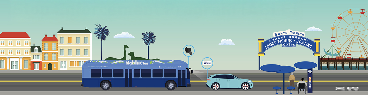 Illustration of a Big Blue Bus driving along the Santa Monica waterfront past the pier sign and Ferris wheel